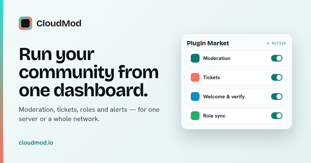 CloudMod social card E · Light: Run your community from one dashboard.